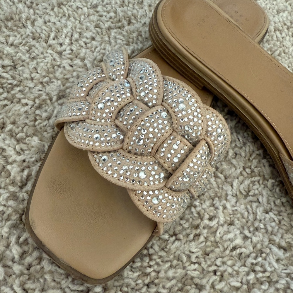 Elegant Tan Slide Sandals with Rhinestone Accents - Picture 3 of 7